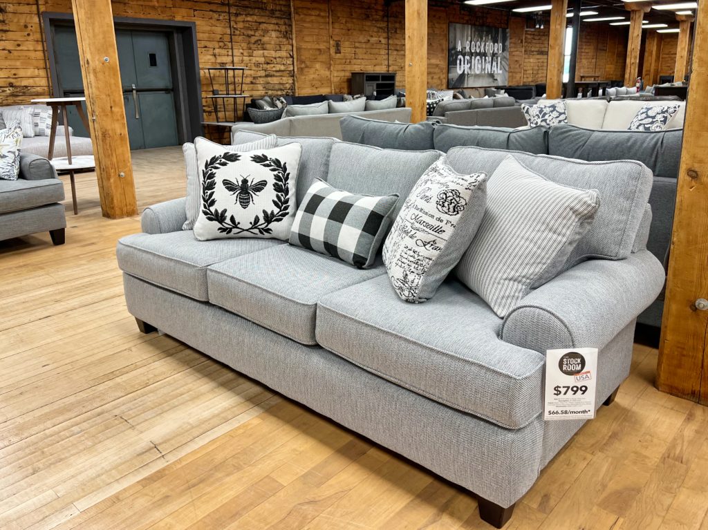french cottage sofa in heather grey fabric at the stock room in rockford, il