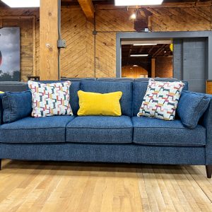 modern indigo blue track arm sofa in the stock room furniture warehouse in rockford, il