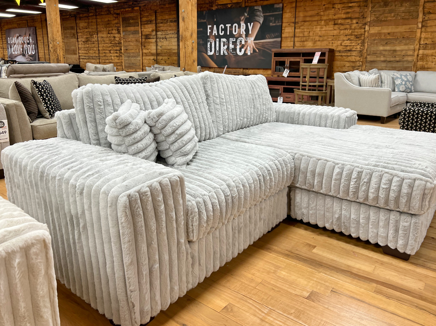 fluffy jumbo corduroy chaise sofa in frost grey at the stock room discount furniture warehouse in rockford, il