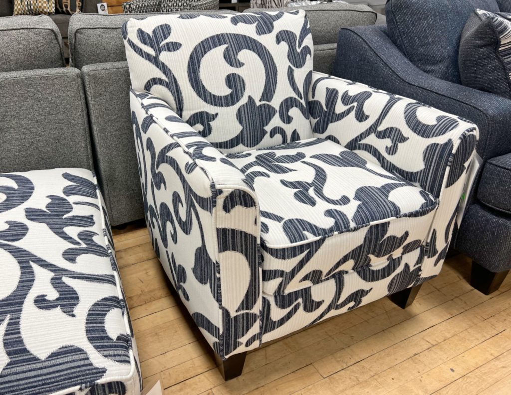 navy & white vine pattern accent chair in the stock room discount furniture warehouse in rockford, il