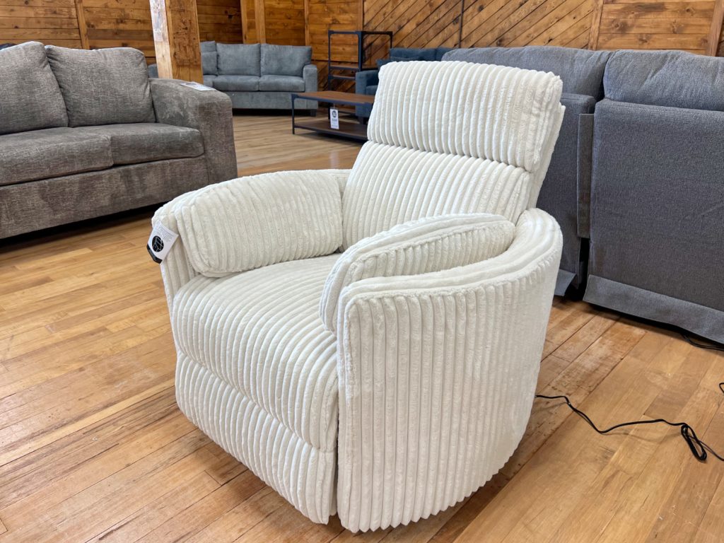 radius swivel power recliner in jumbo fluffy corduroy at the stock room discount furniture warehouse in rockford il