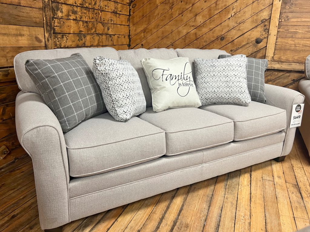 casual farmhouse sofa in heathered dove grey in the stock room discount furniture warehouse in rockford, il