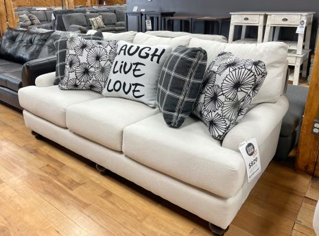 comfy chic three seat sofa in off-white ecru with black accents in stock and on sale in the stock room discount furniture warehouse in rockford, il