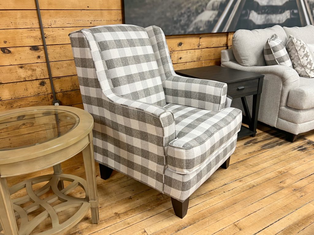 grey and white gingham accent chair made in the usa at the stock room discount furniture store in rockford, il