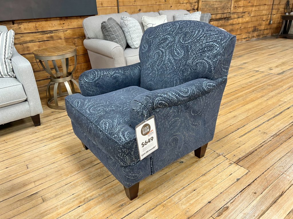 cobalt blue paisley accent chair in the stock room discount furniture warehouse in rockford, il