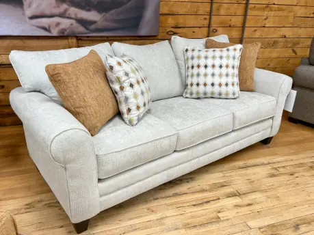 three seat roll arm sofa in ivory chenille fabric upholstery in rockford, il