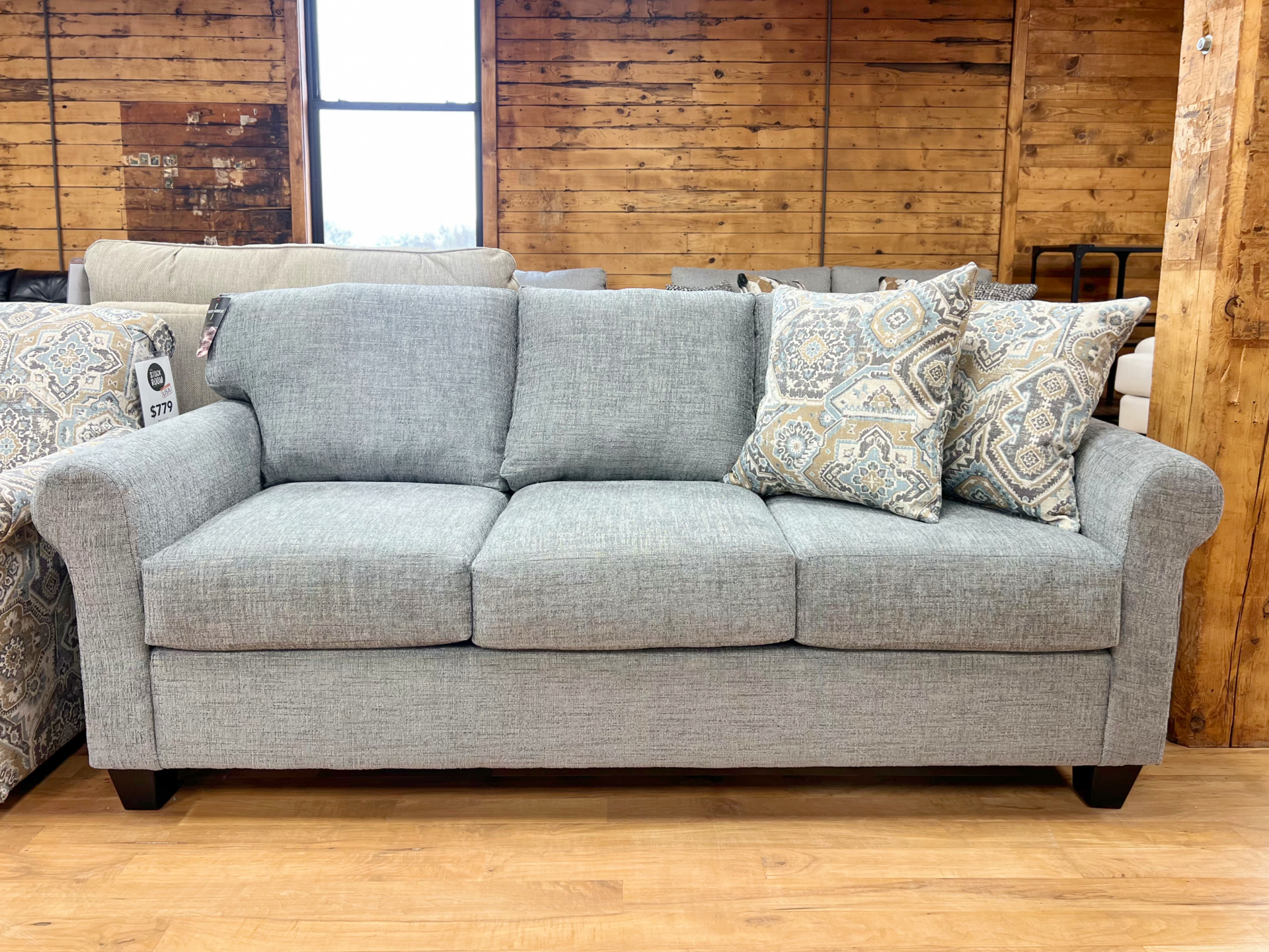 Modern Three-Seat Sofa In Linen Gray